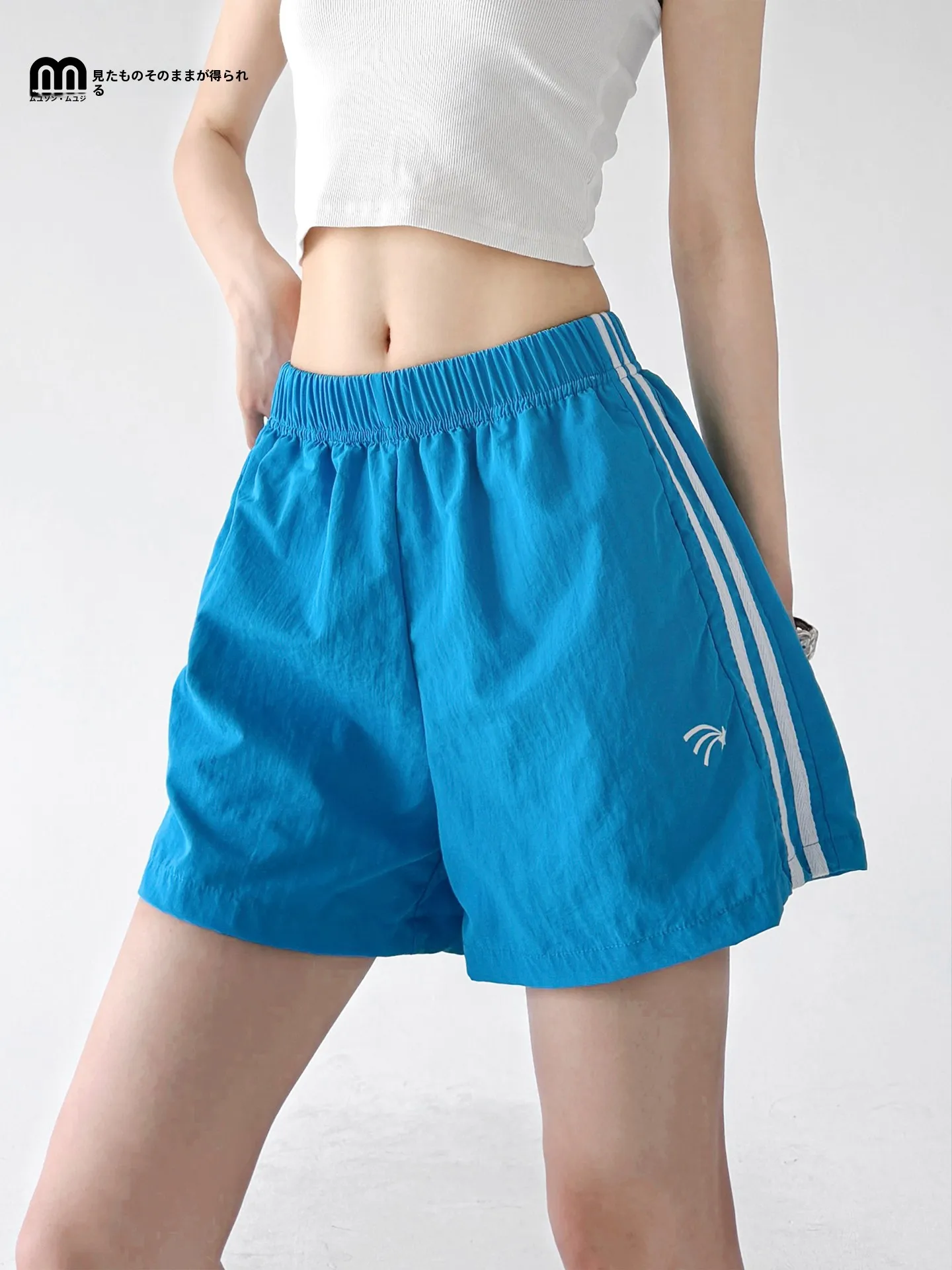 

Blue Sports Shorts Women's Summer 2026 New Tall Loose Drawstring Slimming Casual Pants Side Stripe High Waist Wide Leg