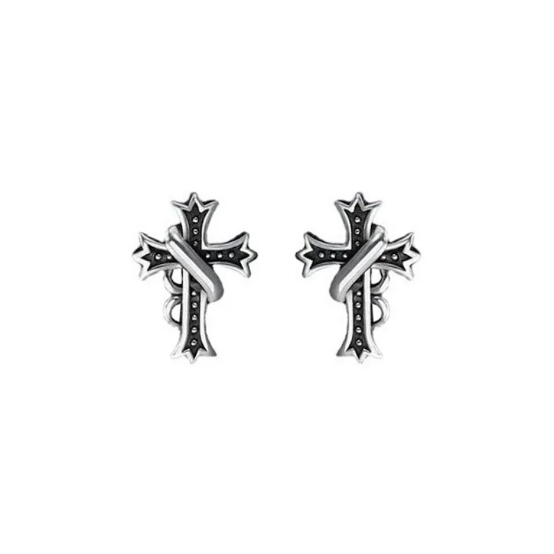 

LSYMCVE sterling silver retro cross earrings ins cool personality hip-hop dark wind niche design sense earrings for men and wome
