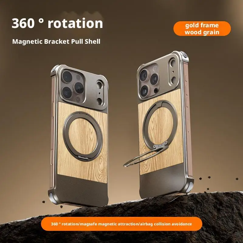 Premium 360°rotating bracket Metal+wood grain leather back cover For Galaxy S22 S23 S24 S25 Ultra Fall prevention Phone Case