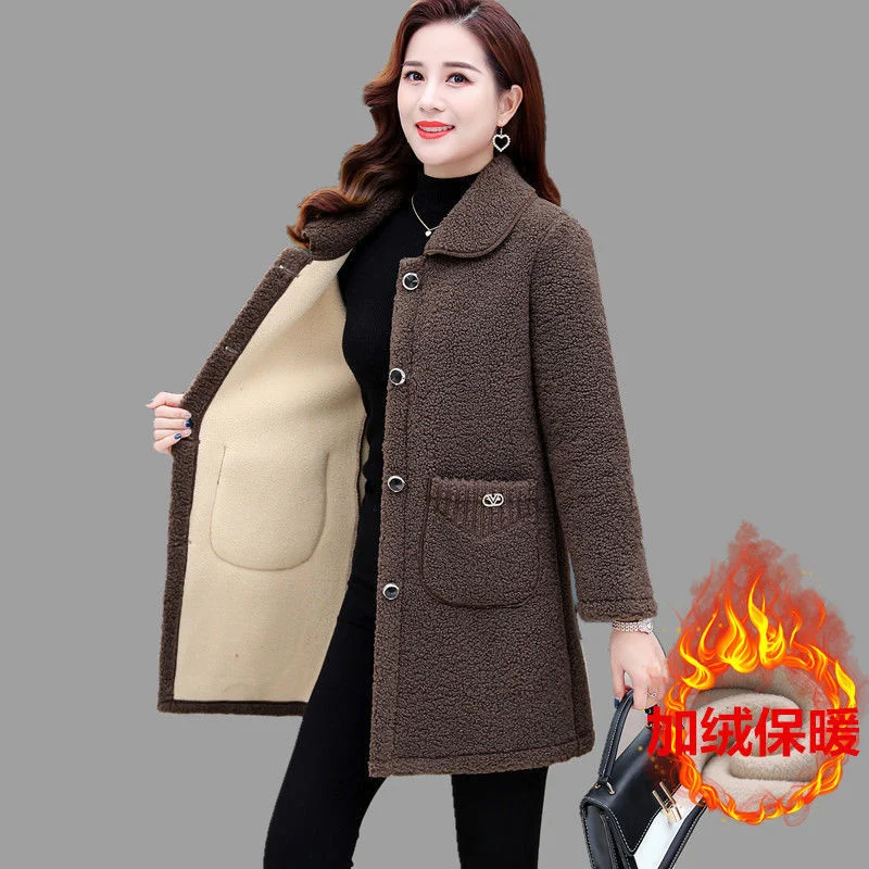 Women's New Middle-Aged Elderly Cashmere Thickened Imitation Lamb Wool Overcoat 2023 Mother's Winter Grain Wool Middle Long Coat