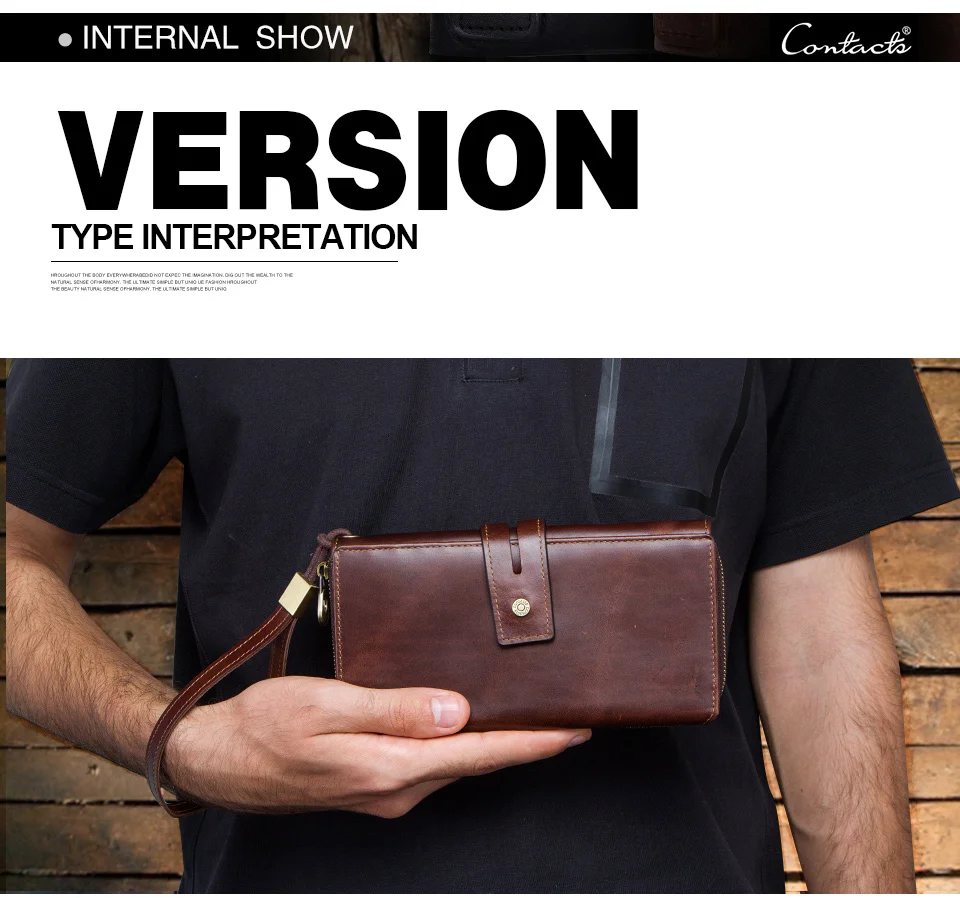 CONTACT'S Clutch-Taschen aus echtem Leder für Herren, lange Vintage-Handtaschen mit Reißverschluss, Kartenhalter, Münzgeldbörsen, Geldklammer, Herren-Geldbörsen – Detail 5