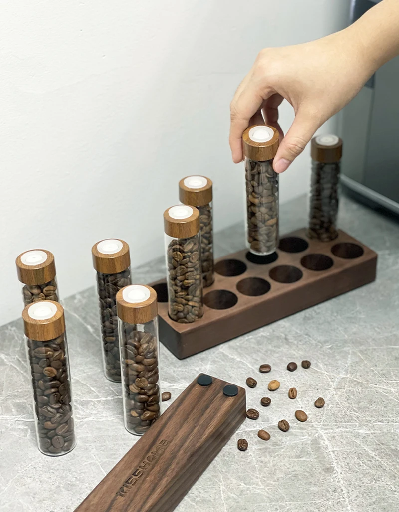 Kaffeebohnen Vorrats behälter Rohr Flasche Glas mit atmungsaktivem Deckel Walnuss Display Rack Barista Zubehör Kaffee geschirr Sets Geschenk – Detail 12