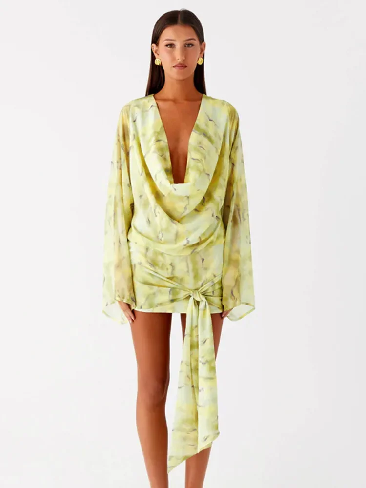 Tie Dye Print Langarm Sexy Minikleid Frauen Kleid Elegante Tiefem V-ausschnitt Drapierte Geraffte Club Party Kleider Mode