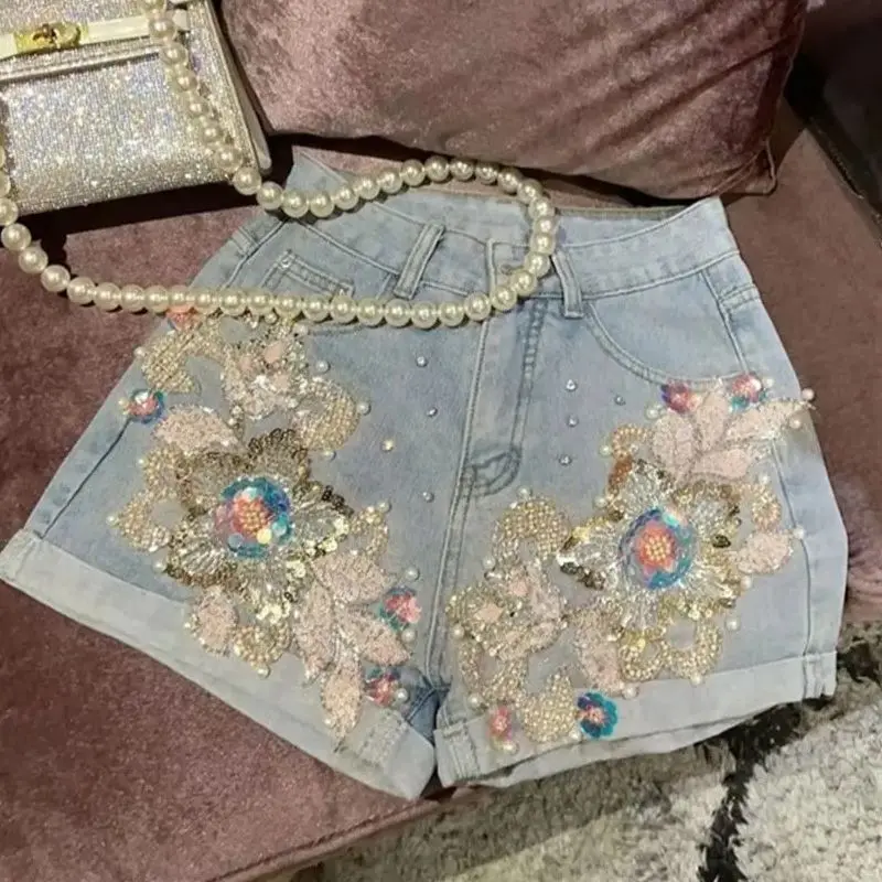 Limiguyue Summer High Quality Sequined Denim Shorts Wide Legs Diamond Jeans Pearl 3D Flowers Diamonds Short Pants Cowboy 062P