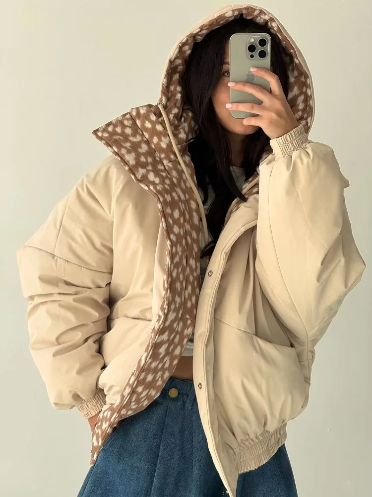Lady Dotted Print Hooded Puffer Jacket Full Zipper Drawstring Hood Long Sleeve Loose Oversized Thick 2026 Warm Winter Outerwear
