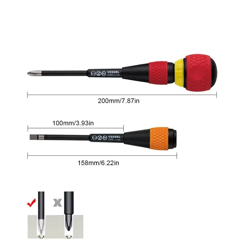 VESSEL 2200 +2X100 -6X100 طقم مفك براغي بسقاطة مكون من قطعتين JIS مكون من 36 قطعة فيليبس/أدوات يدوية مشقوقة #3