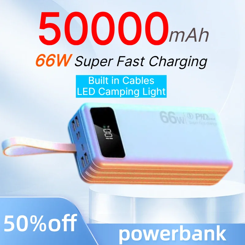 50000mAh Power Bank 66W Fast Charging Built in Cables PowerBank LED Camping Light portable charger for iPhone Samsung