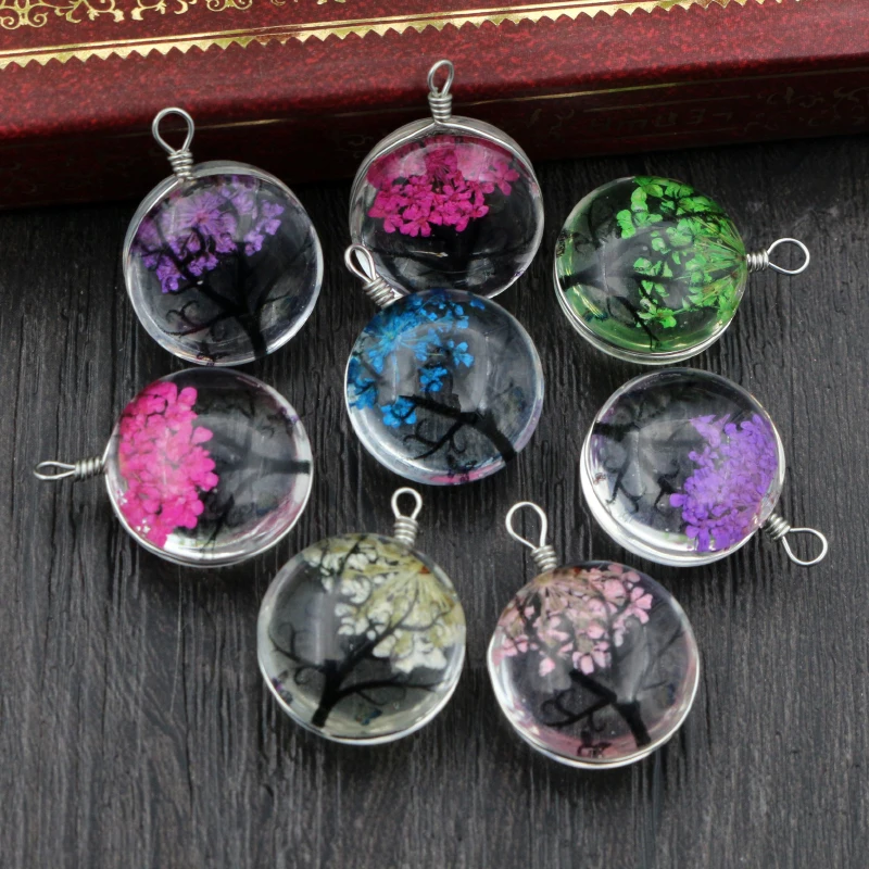 5pcs 20x15mm Hot sale Jewelry Crystal Round Glass Real Dried Flower Heart Necklace Pendant Necklaces For Women