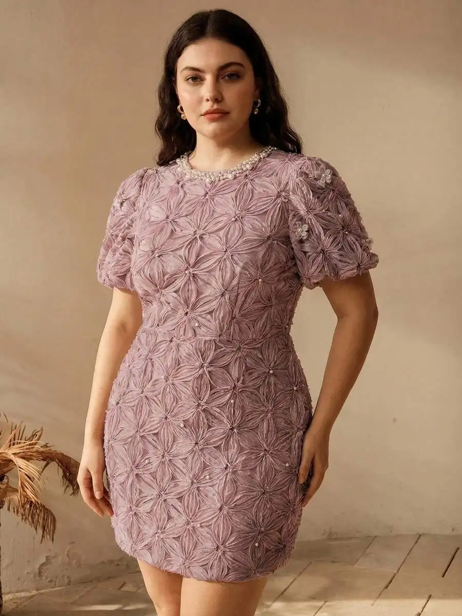 Elegant Floral Beaded Puff Sleeve Mini Dress For Women Summer Party