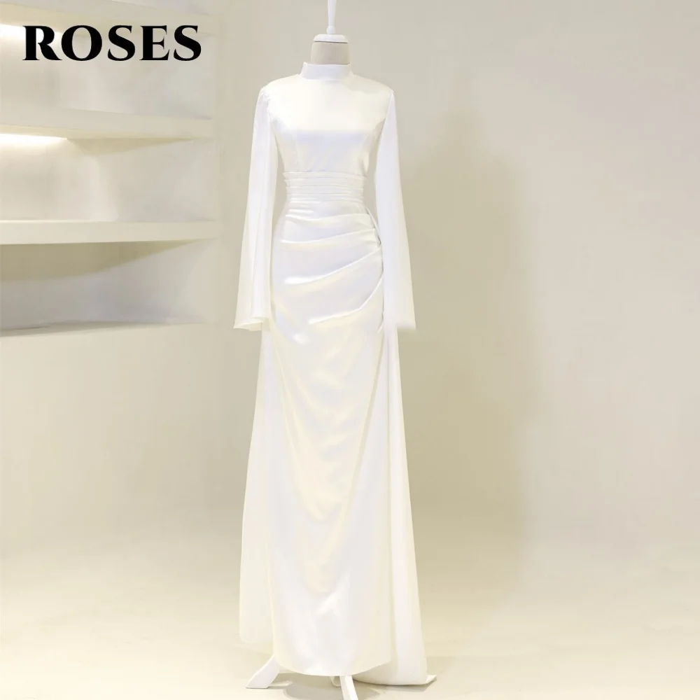 

ROSES White Prom Dresses Puffy Regular Sleeve Trumpet Evening Dresses with Pleats and Flowing Drape Formal Dresses Customized