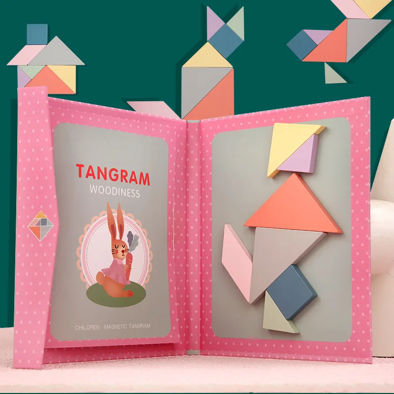 Children Magnetic Wooden Jigsaw Block Puzzle Game Tangram Intelligence STEM Montessori Educational Gift for Kids