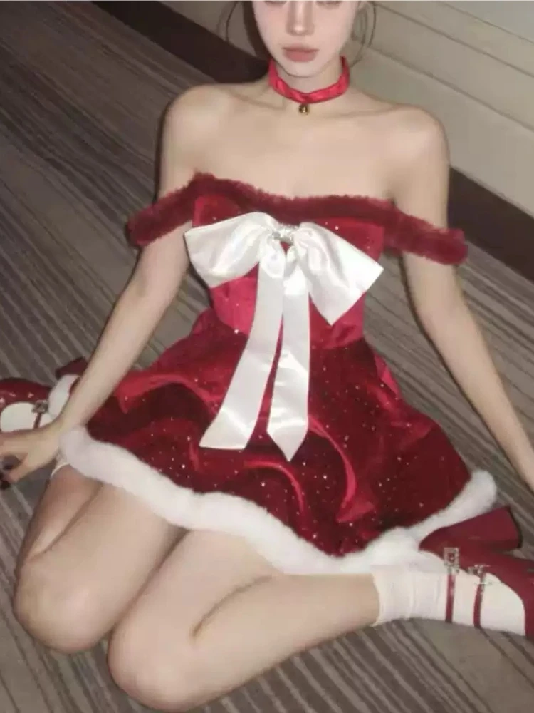 Harajuku Christmas Sexy Off Shoulder Dress Women Red Velvet Bow Trim Mini Party Dress Fashion Cute Sweet Holiday Stylish Outfit