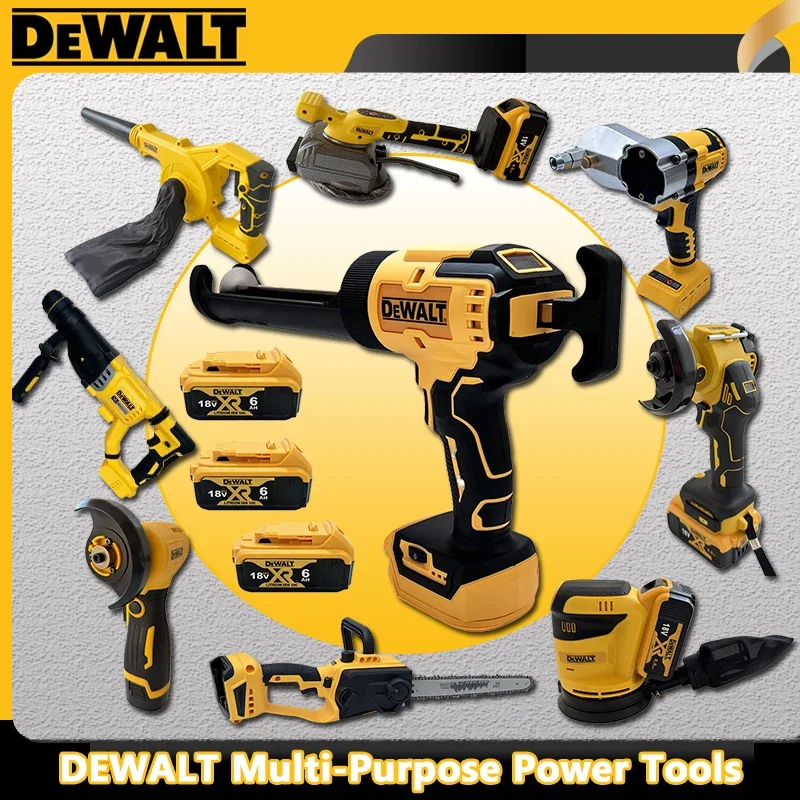 

Многофункциональные аккумуляторные инструменты DeWalt: угловая шлифмашина, резак, пистолет для герметика, насос для накачки, ударный молоток, пистолет для смазки.
