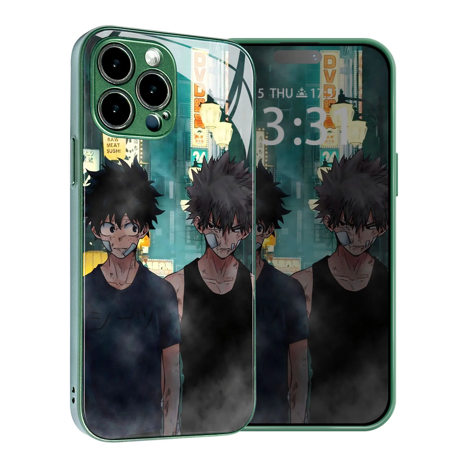 Bakugo and Izuku Anime Character TPU Tempered Glass Green Phone Case for iPhone 13 12 Mini 7 8 14 15 Plus 11 14 15 Pro Max