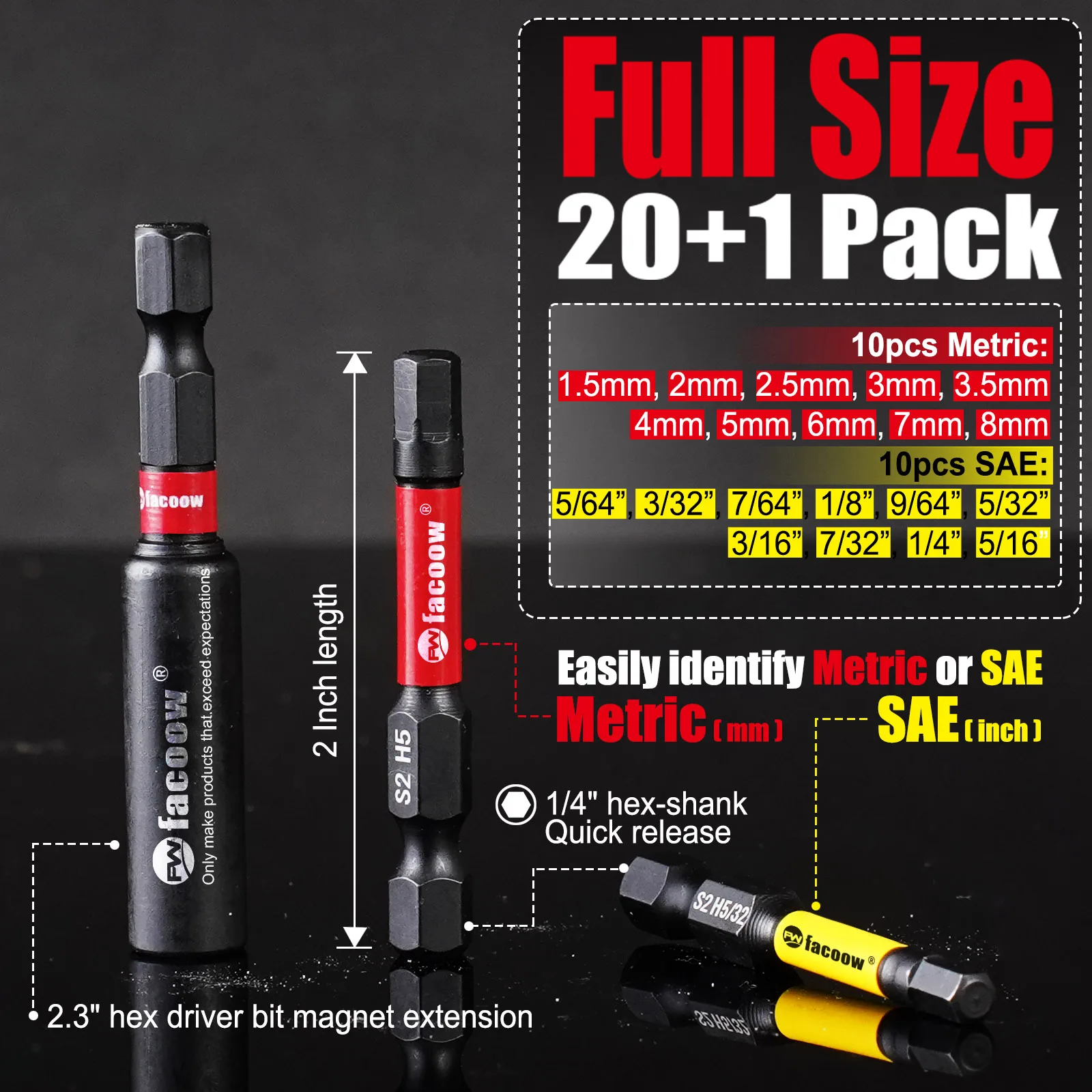 21Pcs Hex Bit Set, S2 Alloy Steel Allen Wrench Drill Bit Set with Magnetic Tips, 1/4 Hex-Shank 2" Impact Allen Key Bits Set