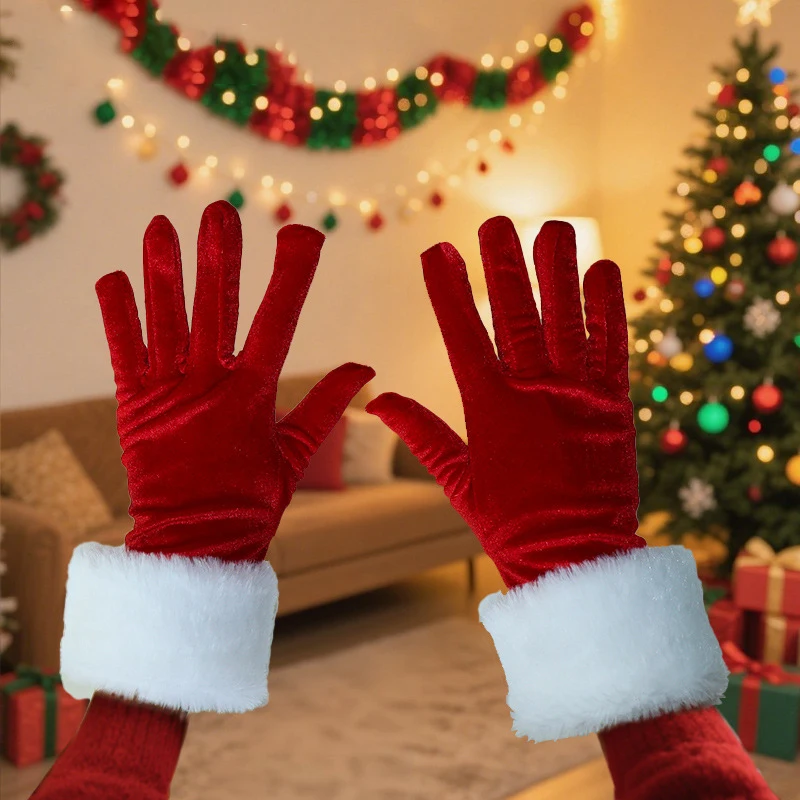 1 Paar Weihnachtsfeier-Handschuhe, Rot, Gold, Samt, Weiß, Plüsch, Vollfinger-Handschuhe, festliche Weihnachtskostüm-Accessoires, Fäustlinge