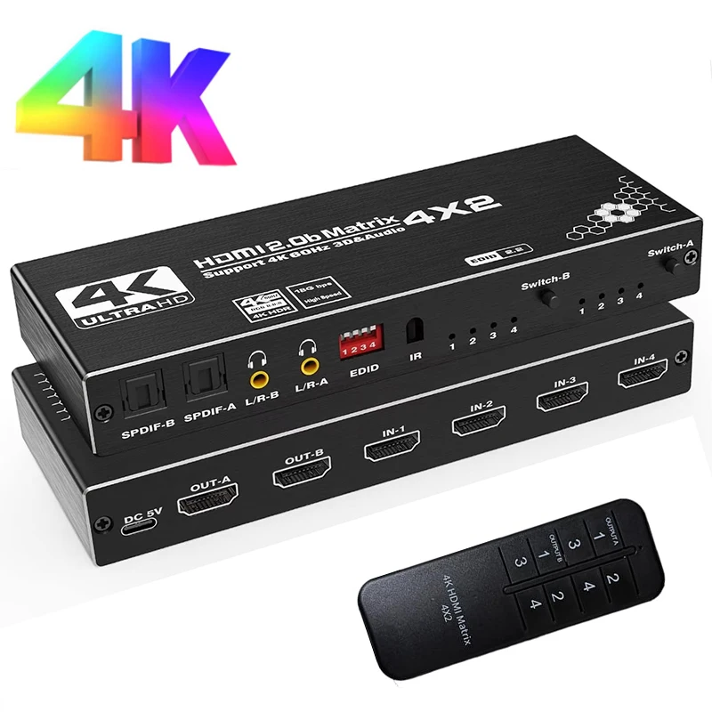 4K 60Hz HDMI Matrix 4x2 HDMI Video-Matrix-Switch Splitter 4 Eingänge 2 Ausgänge mit SPDIF L/R 3,5mm Audio-Extraktor HDR für PS5 Laptop TV