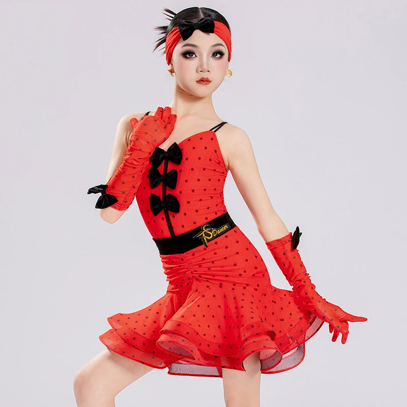 Traje de baile latino rojo de lunares 2026 para actuación, ropa de escenario para niña, body sin mangas con lazo y falda de espina de pescado VDL5398