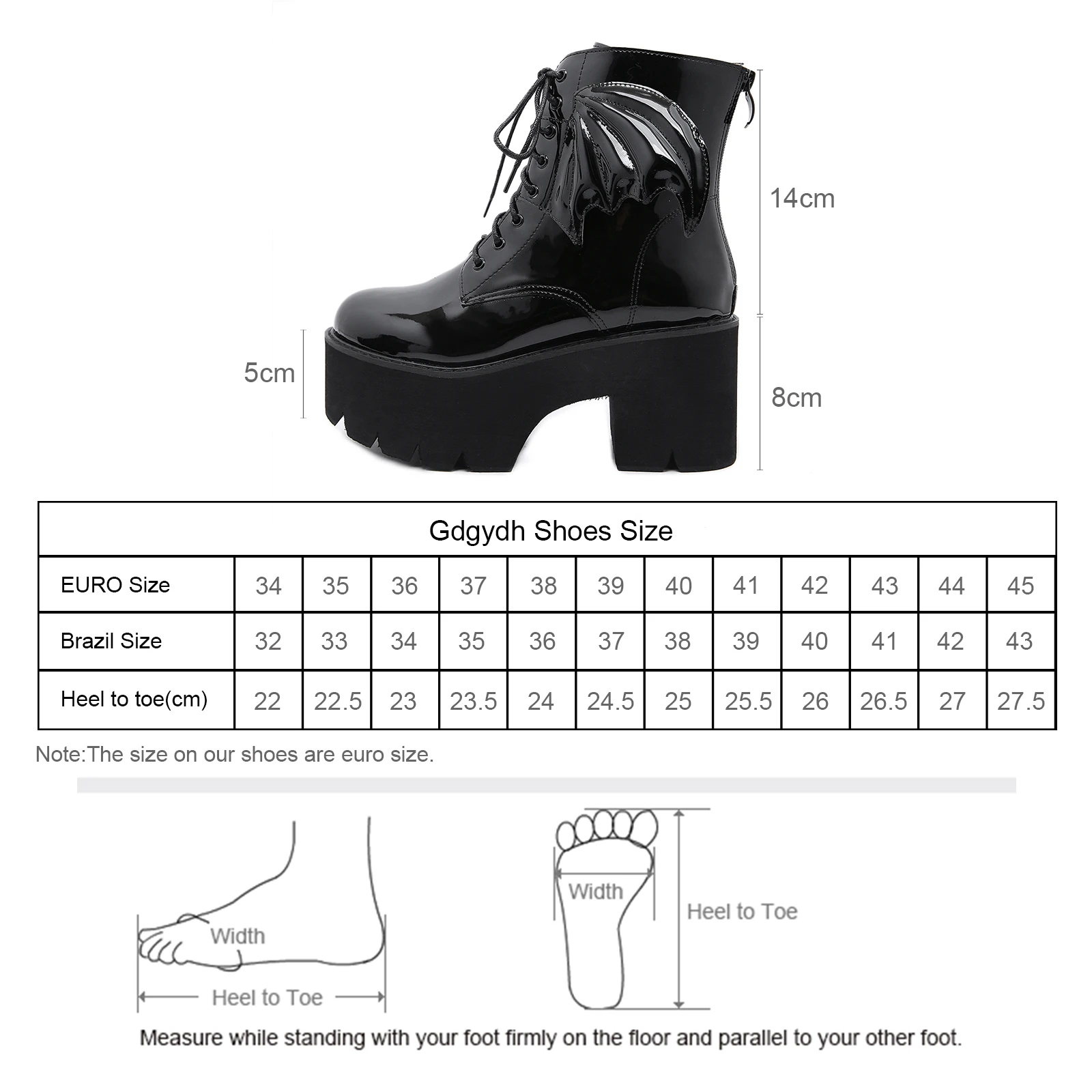 Gdgydh Women\'s Black Back Zipper Chunky Heel Boots Goth Style Lace Up Solid Color Platform Short Boots for Women Fashion Wing