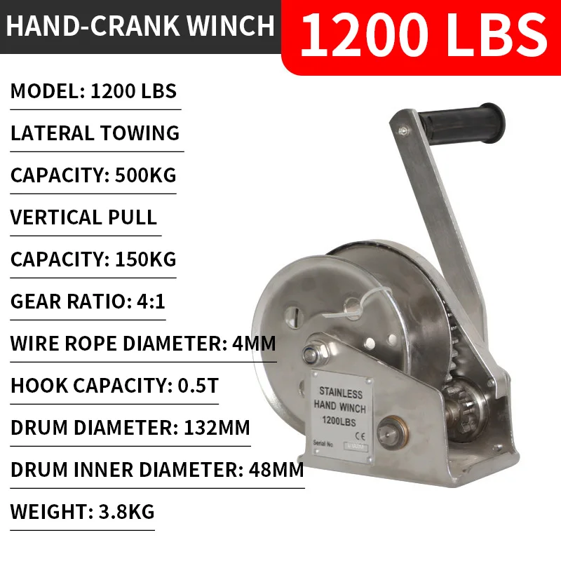 Hand-Crank Winch, 304 Stainless Steel Bidirectional Self-Locking Winch, Self-Locking Hook, Hardened Gears, 1:4 Gear Ratio