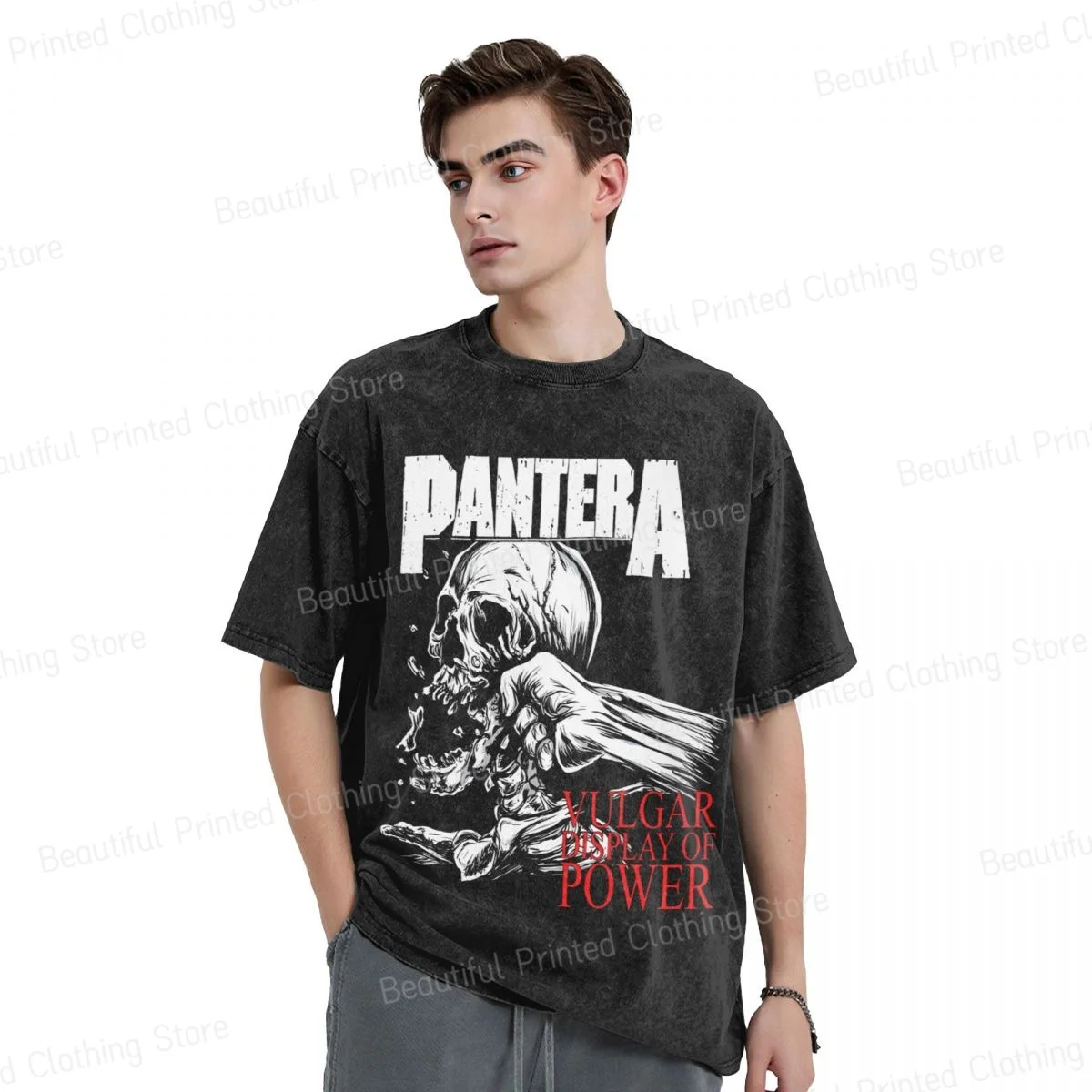 Rock Art Skull 100% Cotton Washed T-shirt Pantera Print Men's Women's T-Shirts Loose Oversized Short Tee