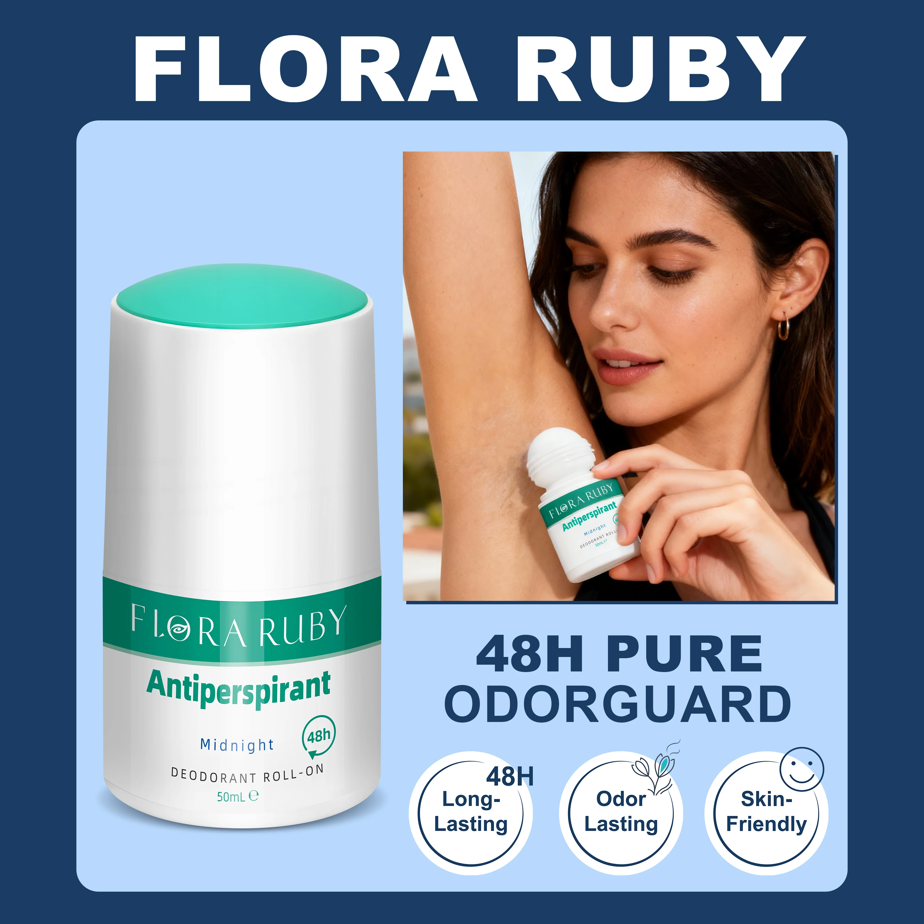 

Flora Ruby antiperspirant deodorant roll on,50ml each,easy to carry and use,48h sweat protection,long lasting fragrance