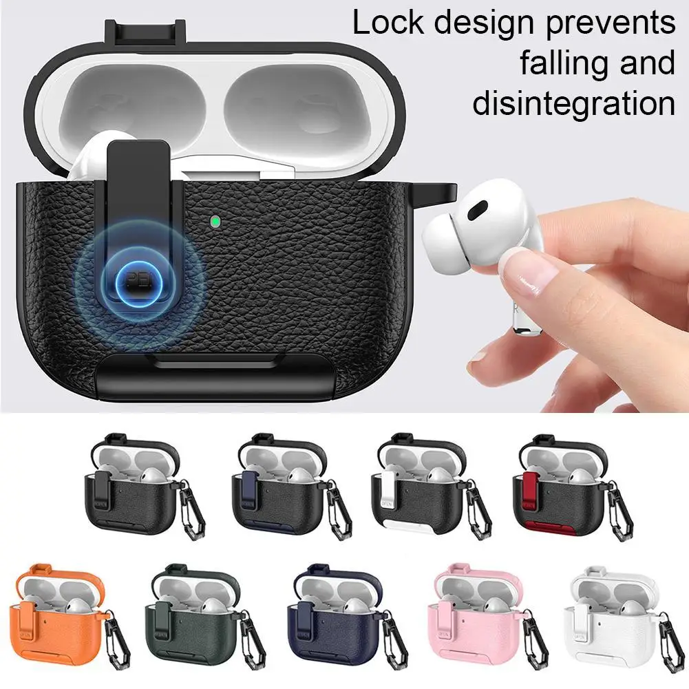 

For Airpods Pro 3 Leather Protective Case Lock Clip Leather Case With Carabiner Wireless Charge With Stand Rugged Protection