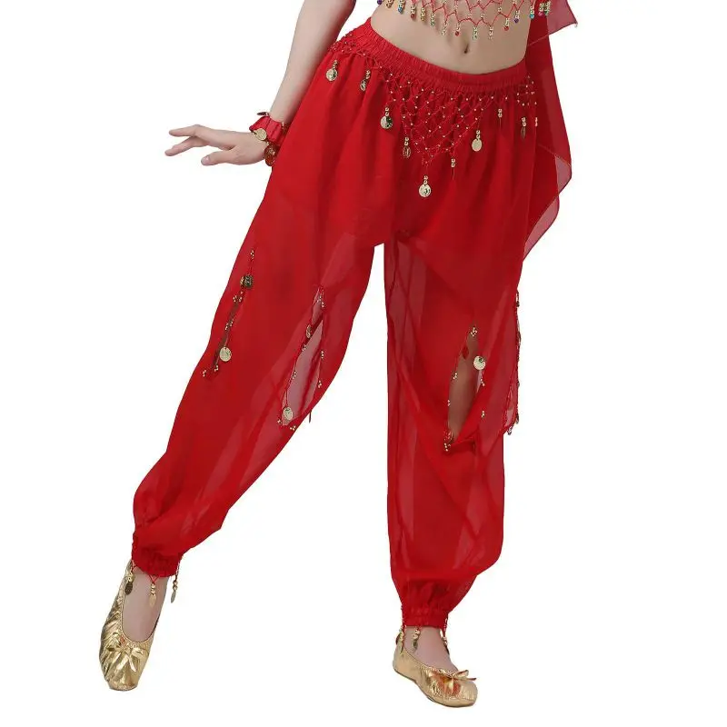 Women Belly Dance Pants Chiffon Shiny Sequins Pants Fancy Sequins Tassels Bloomers Trousers Hanging Coin Bandana Set