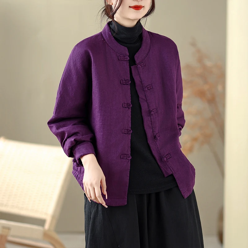 

Двухслойный хлопковый фиолетовый традиционный китайский воротник на пуговицах, женский тюнер, универсальный, удобный, легкий...