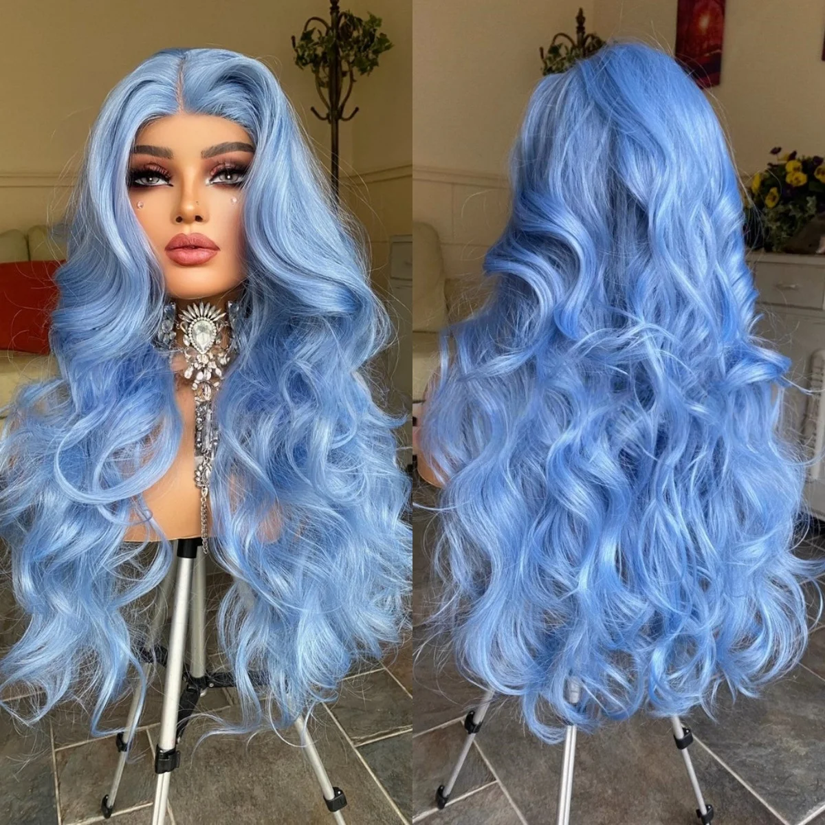 

Светло-голубой парик Объемная волна Парики фронтальной части шнурка 13x4 HD Фронтальный парик Синтетический Высокое качество Предварительно выщипанное ежедневное использование Распродажа 가발