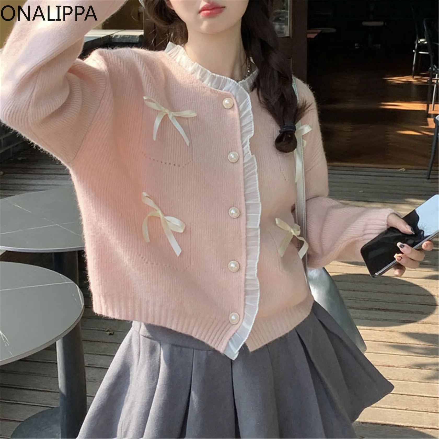 Onalippa Bows Patchwork Sweet Knitted Cardigan Wood Ear Hem Single Breasted Loose Cardigans Gentle Wind Kawaii Loose Sweater