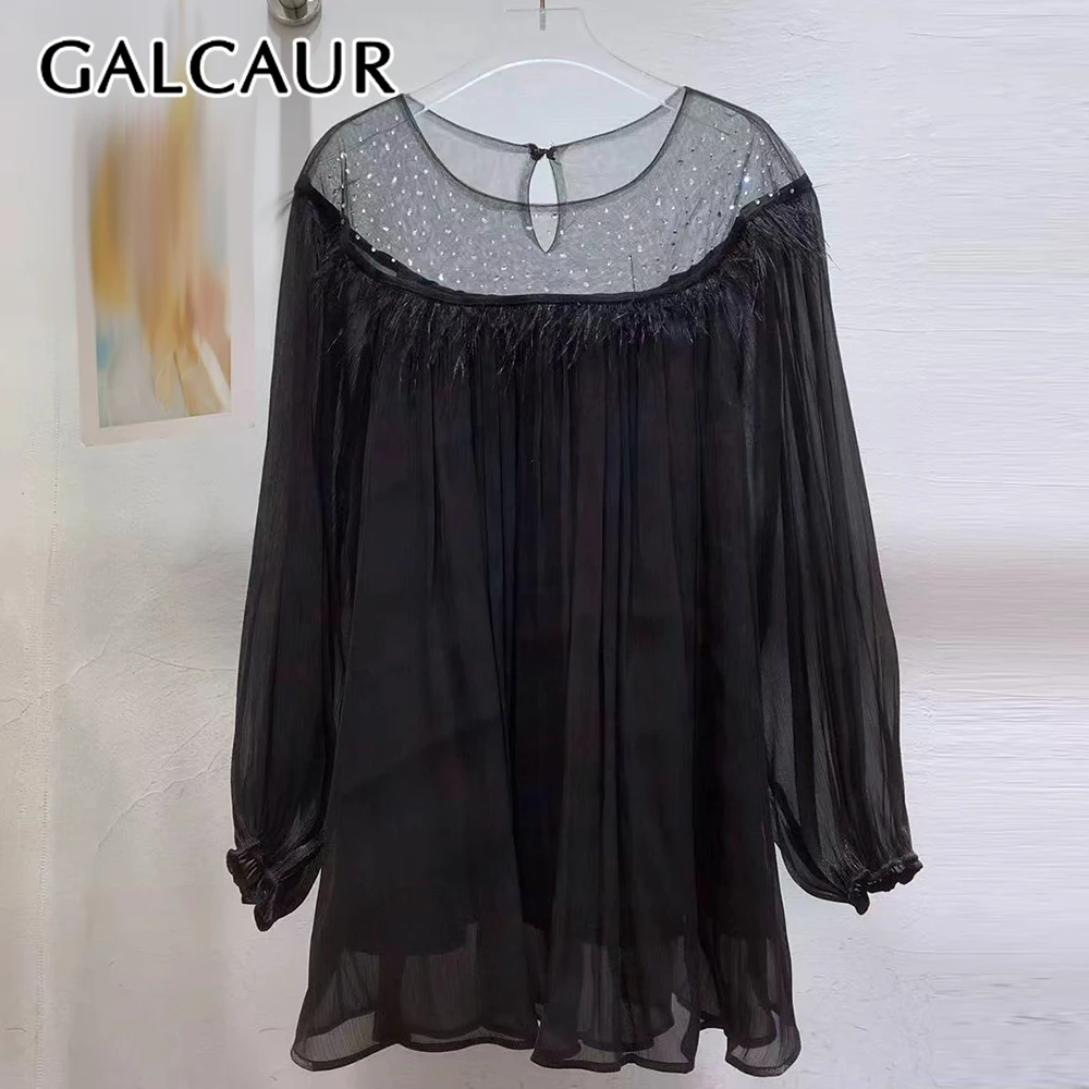 

GALCAUR однотонная минималистичная рубашка с бриллиантами, женская свободная французская роскошная рубашка с круглым вырезом и длинным рукавом, осенняя мода, новинка