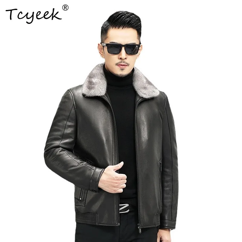 

Tcyeek Goatskin Autumn Winter Trendy Lapel Mink Fur Collar Black Short Men's Genuine Leather Jacket Jaqueta De Couro Masculina