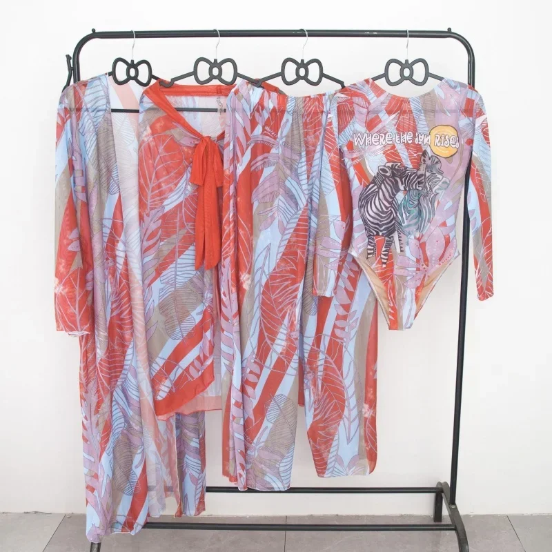 Elegant พิมพ์บิกินี่ 4 ชิ้นชุดผู้หญิง Skinny One Piece ชุดว่ายน้ําตาข่ายกางเกง 2025 ใหม่สบายๆชุดว่ายน้ํา