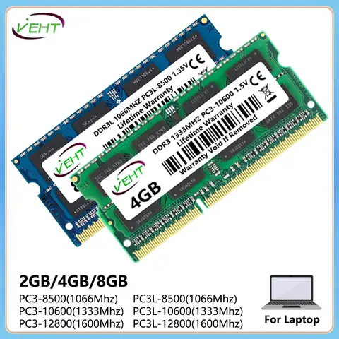 VEHT DDR3 DDR3L 2GB 4GB 8GB SODIMM mémoire Ram 8500 10600 12800 204Pin PC3 1.5V PC3L 1.35V 1066 1333 1600Mhz mémoire Ram pour ordinateur portable