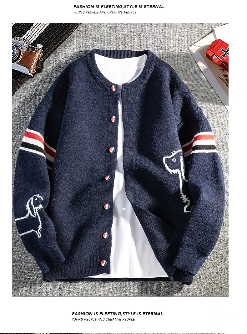Hochwertiger gestreifter Pullovermantel für Herren lässiges Design Farbblockierung Knopfleiste Winter Rundhalsausschnitt dicker warmer Strickcardigan – Detail 18
