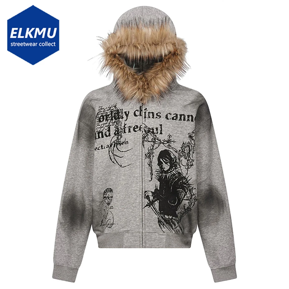 Fur Collar Hoodies Jackets Y2K Harajuku Oversized Hoodie Men Streetwear Hip Hop Loose Hooded Sweatshirts