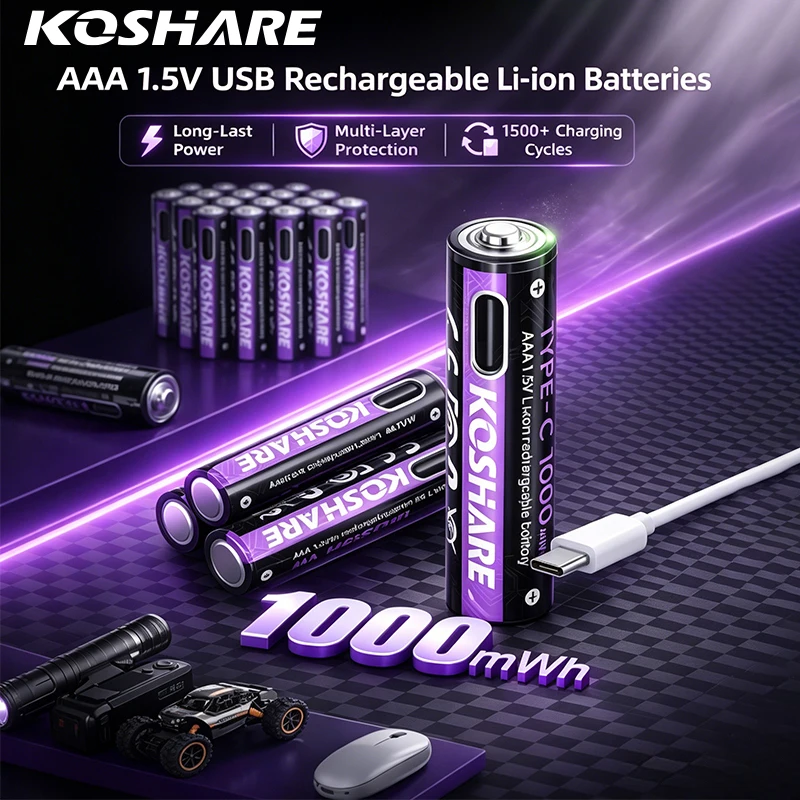 

KOSHARE 2-24Pcs 1.5V AAA Rechargeable Li-ion Batteries 1000mWh USB-C Port Input High Capacity Lithium Battery For Clocks Remotes