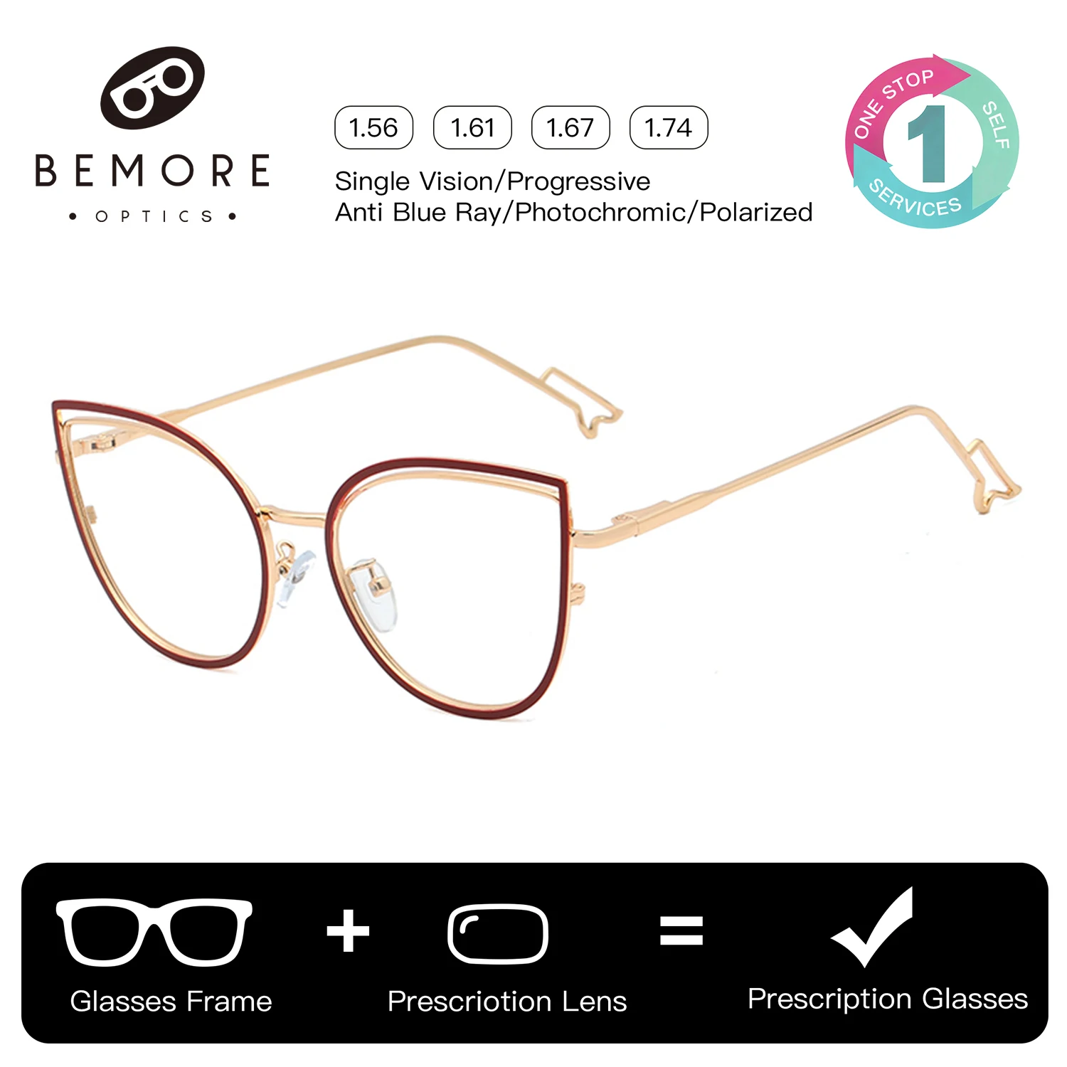 

BEMORE Cat Eye Optical Glasses with Prescription Women High Quality Metal Anti Blue Light Lenses with Medical Eyeglasses