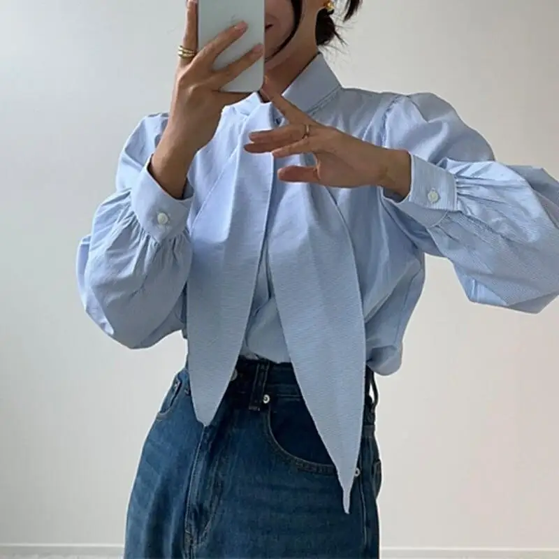 

Женская блузка для ранней весны в корейском стиле, в полоску, свободного кроя, универсальная, с длинным рукавом, из хлопка, оверсайз