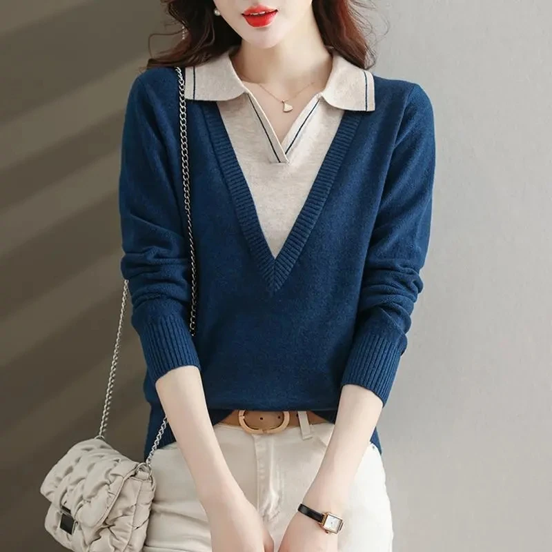 2024 New Women's Sweater Autumn Winter Pullover Jumper Solid Base All Match Sweater Lapel Polo Neck Knitted Bottoming Top