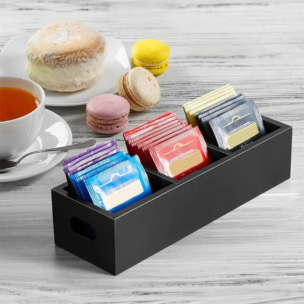 Wooden Tea Storage Box Wooden Tea Bag Storage Box with 3 Compartments for Different Flavors Stylish Sugar Packet for Countertop