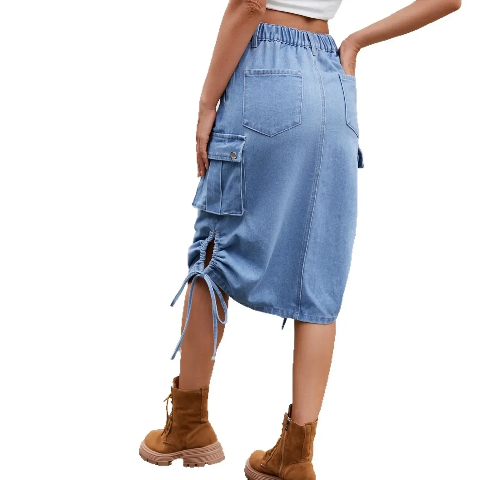 デニムロングスカート レディース ストリートウェア スカート レースアップ ウエストゴム ウォッシュド加工 ダメージ加工 マルチポケット 2025 女性 ヴィンテージ Aライン