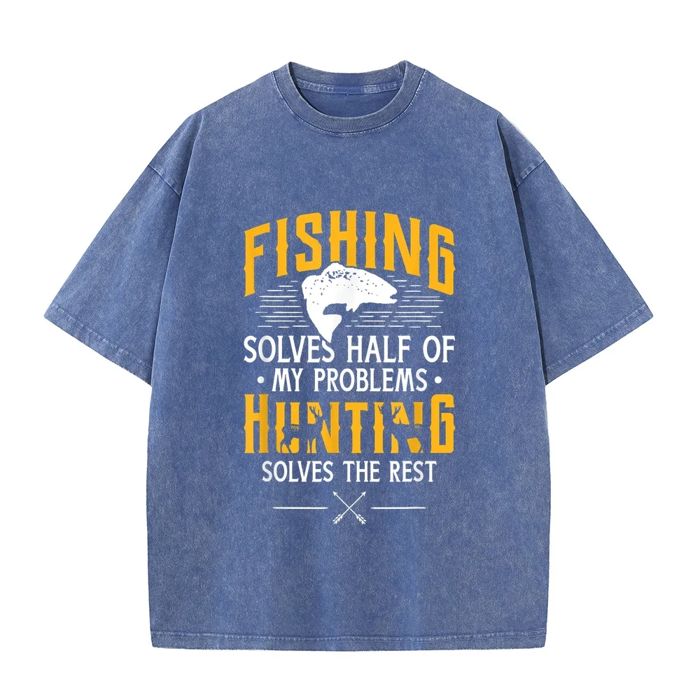 Fishing & Hunting solve my Problems Funny Gift T-Shirt T Shirt Man Cotton 100% Men's Muscle Fit Short Sleeve Outdoor Graphic