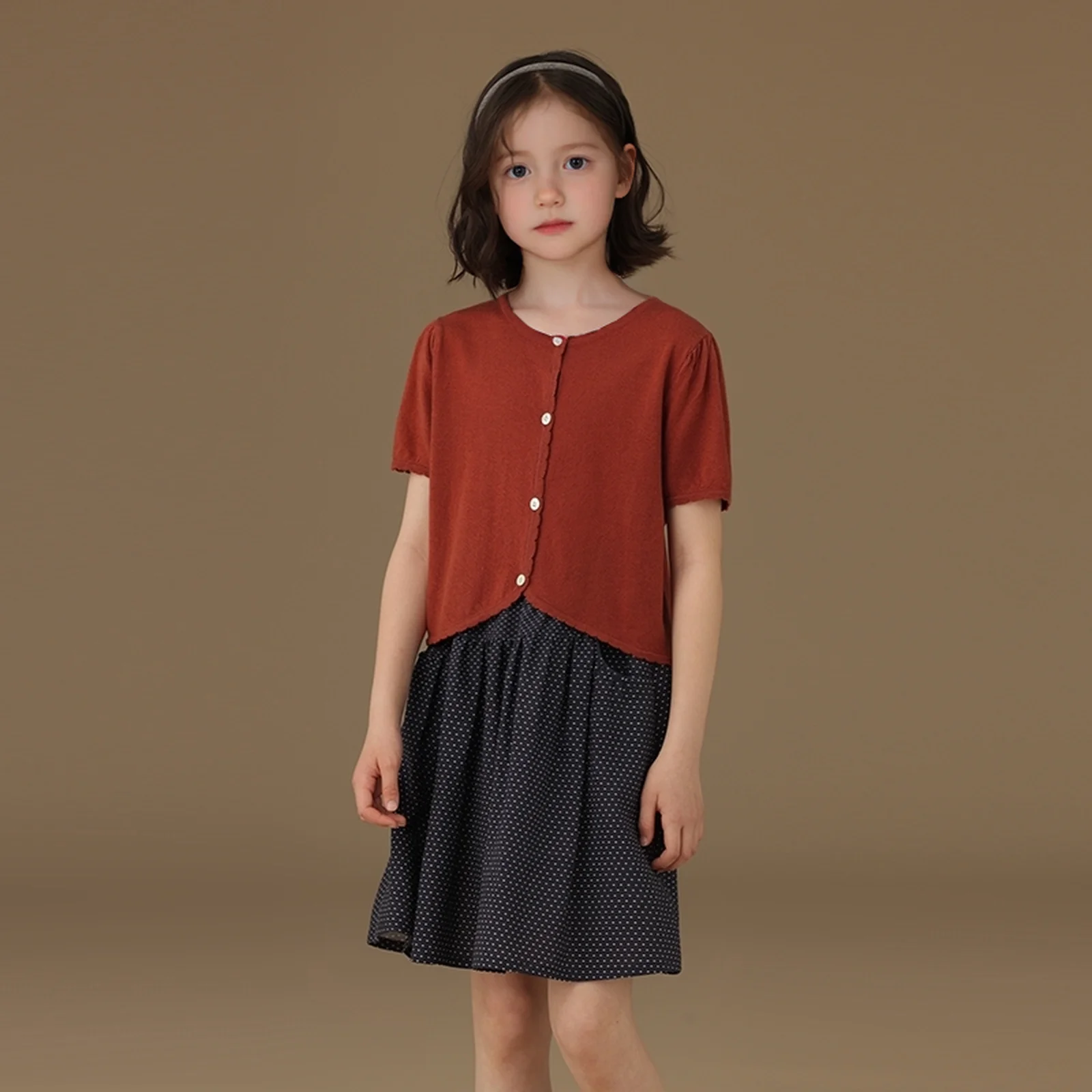 

Children's Clothing Red Children's Knitted Cardigan Summer Thin Base Outer Wear Girls Short-sleeved Tops Stylish and Fashionable