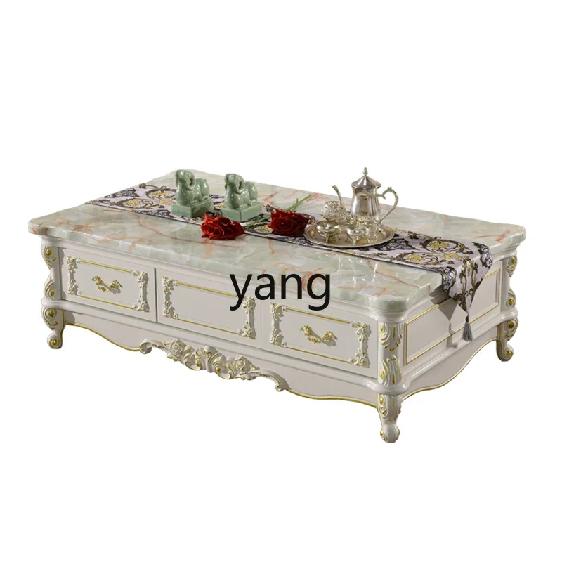 YJQ solid wood marble coffee table TV cabinet combination living room furniture villa square carved tea table