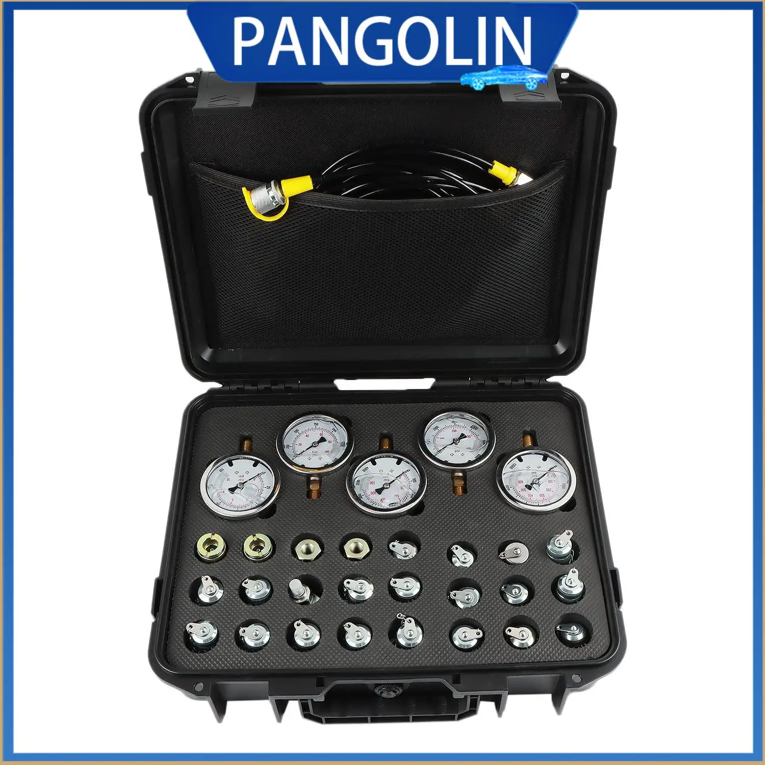 

PANGOLIN Hydraulic Test Gauge Set 6336 Complete In Storage Box With Protective Mesh Bag Pre Assembled For Use Individual Units