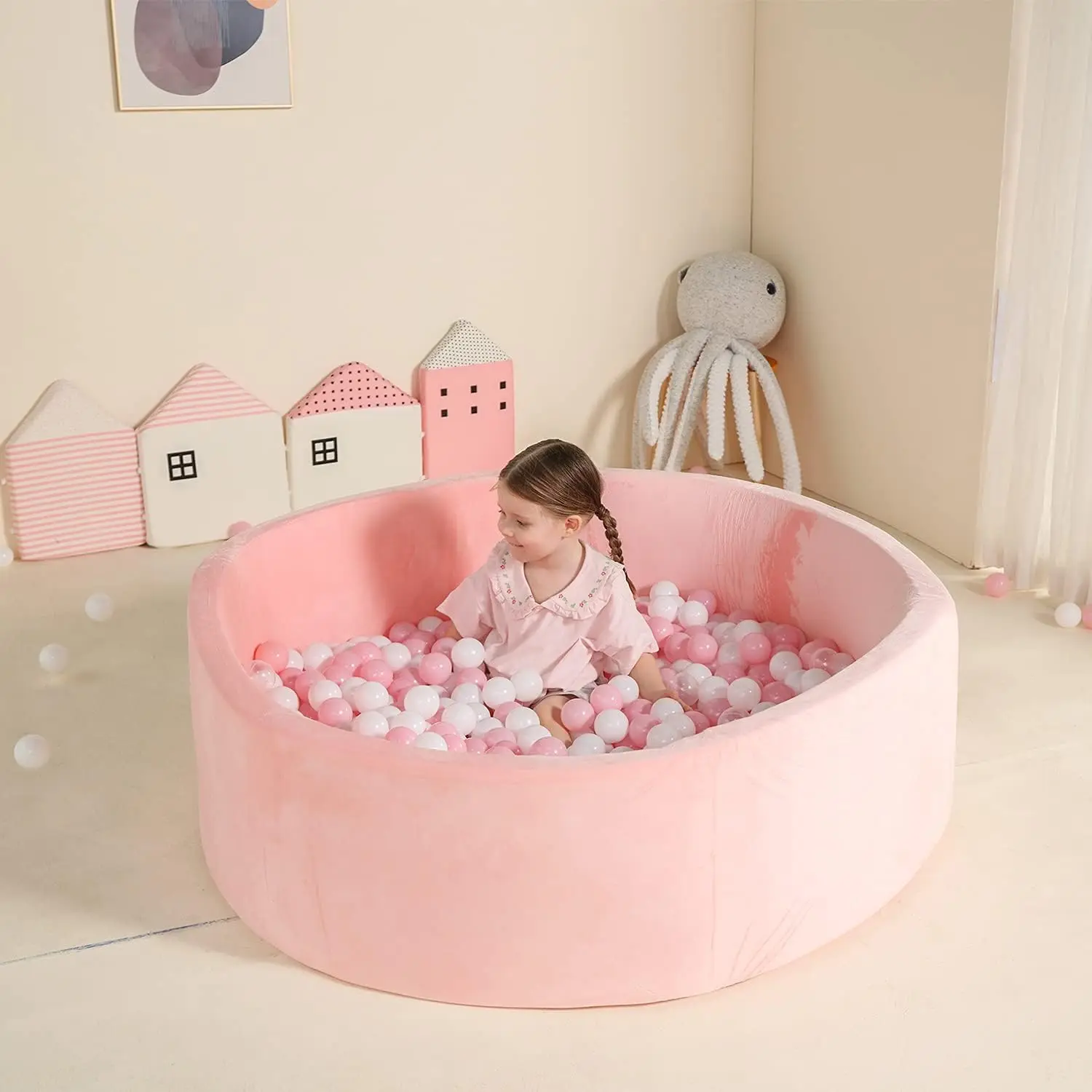 حفرة كرة إسفنجية كبيرة جدًا للأطفال الصغار، حفرة كرة أطفال ناعمة مقاس 47 × 14 بوصة مع غطاء مخملي قابل للغسل (الكرة غير متضمنة)-وردي