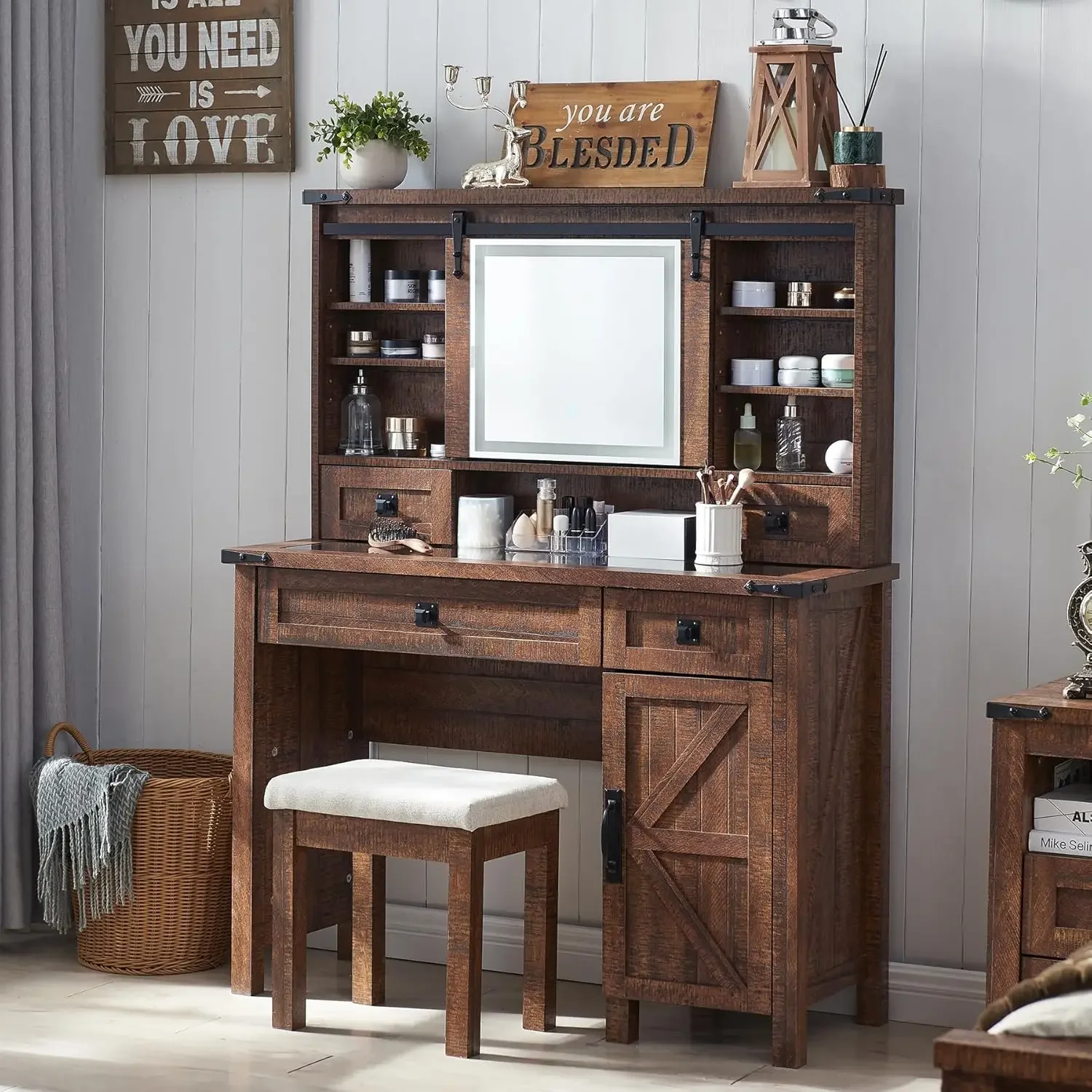 Farmhouse-Maquiagem Vanity Desk com Espelho Deslizante e Luzes, Mesa de Vidro 42 ", Mesa com 2 Gavetas e Prateleiras