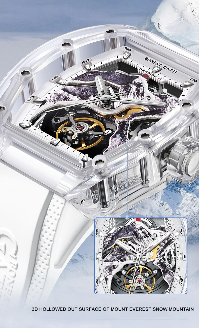 BONEST GATTI Men Automatic Watch 45mm Tonneau Crystal Case Mechanical 3D Mount Everest Luminous Dial Fluororubber Strap